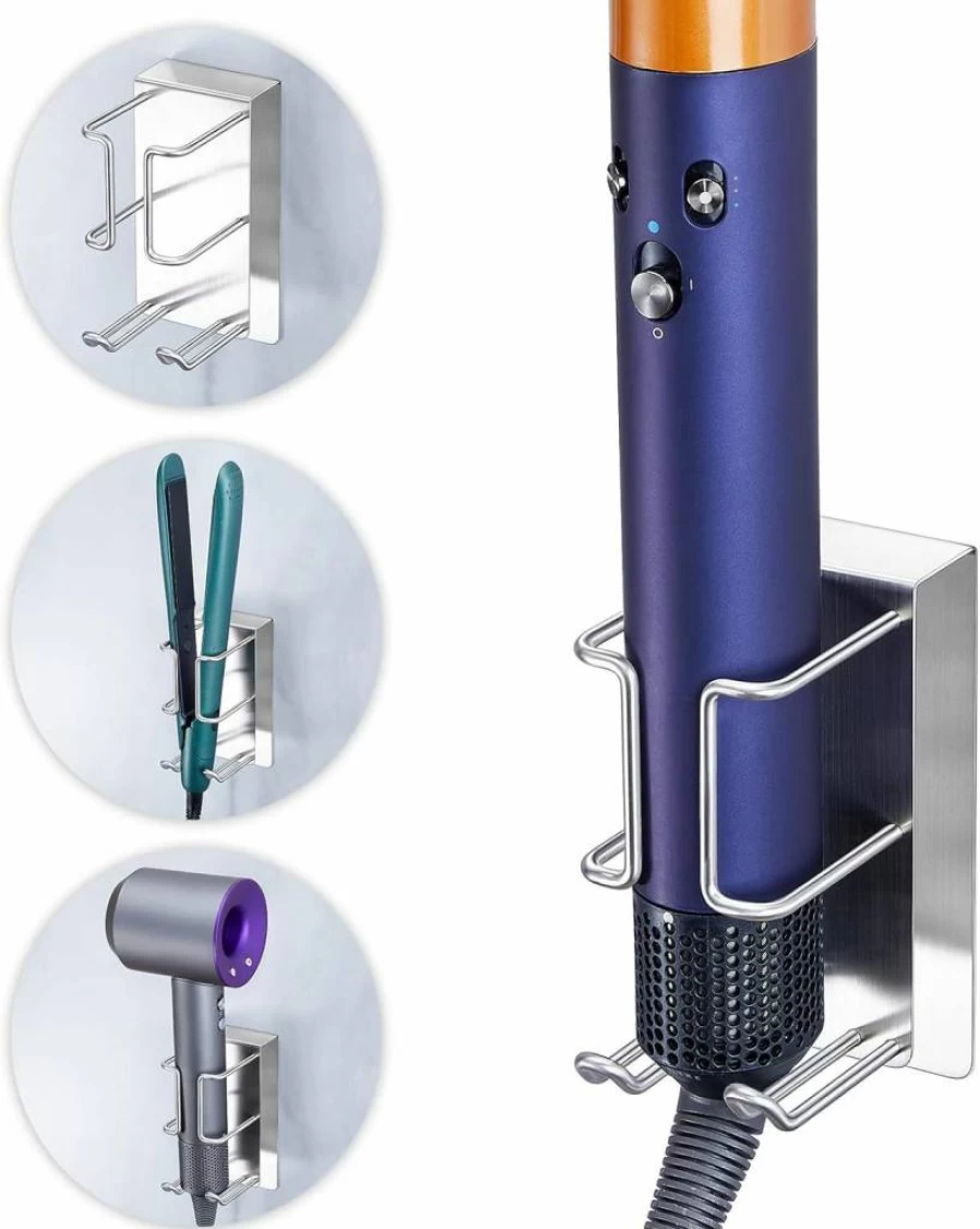 Oukimly Wall Mounted Hair Tool Organizer - Stainless Steel Holder for Hair Dryer, Straightener, Curling Iron & Styling Tools with Adhesive Storage Solution