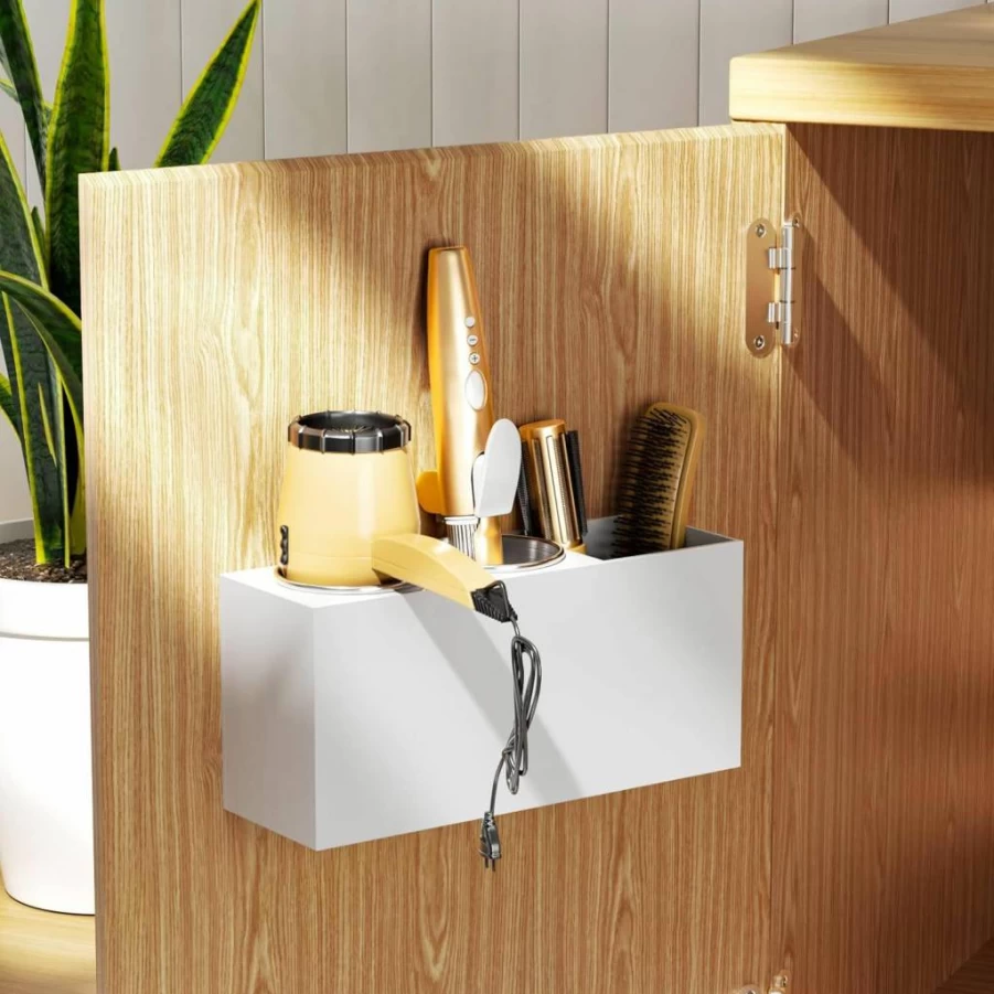 NIUBEE Wall Mount Hair Tool Organizer - White Bathroom Storage Holder for Blow Dryer, Flat Iron & Curling Iron - Space Saving Cabinet Mount
