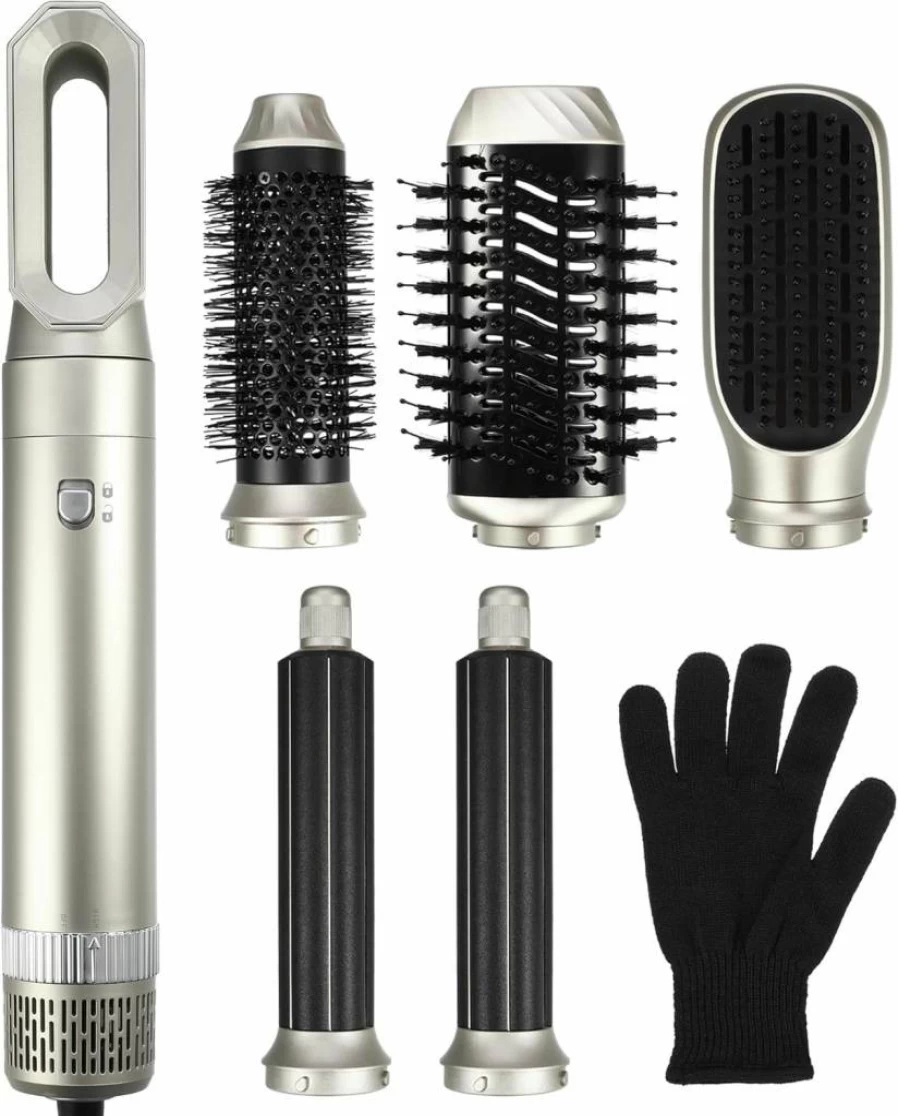 VOCOSTE 5-in-1 Hot Air Brush Styler - Detachable Blow Dryer, Volumizer, Straightener & Curling Wand for Hair Styling, Champagne