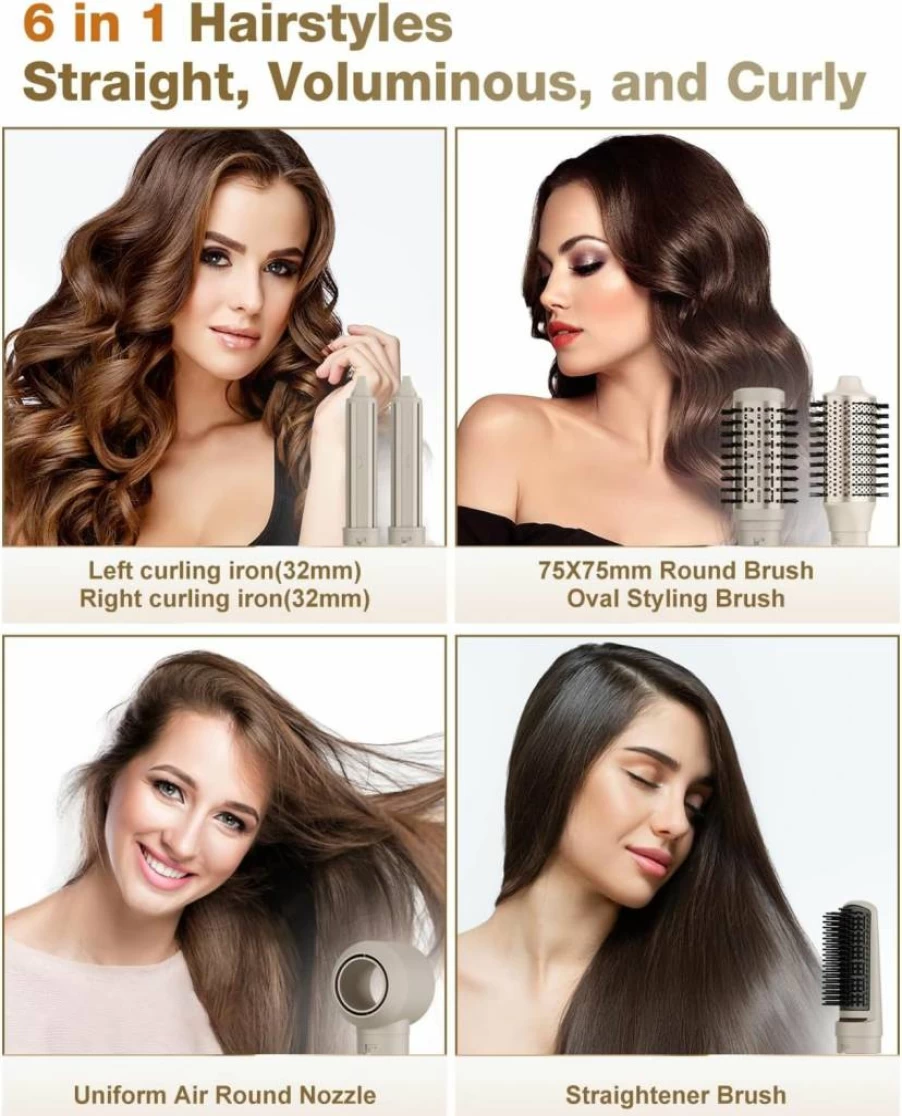 7MAGIC Ionic Hair Dryer Brush - 1200W 6-in-1 Styler for Straight, Wavy, Curly & Coily Hair, Fast Drying with Negative Ion Technology, 110V (Silver)