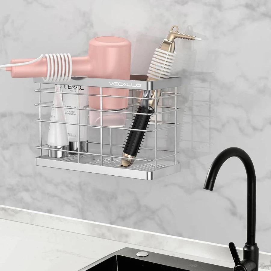 Vecallo Wall Mount Hair Dryer Holder - Adhesive Blow Dryer & Curling Iron Organizer for Bathroom, Cabinet Door, Black
