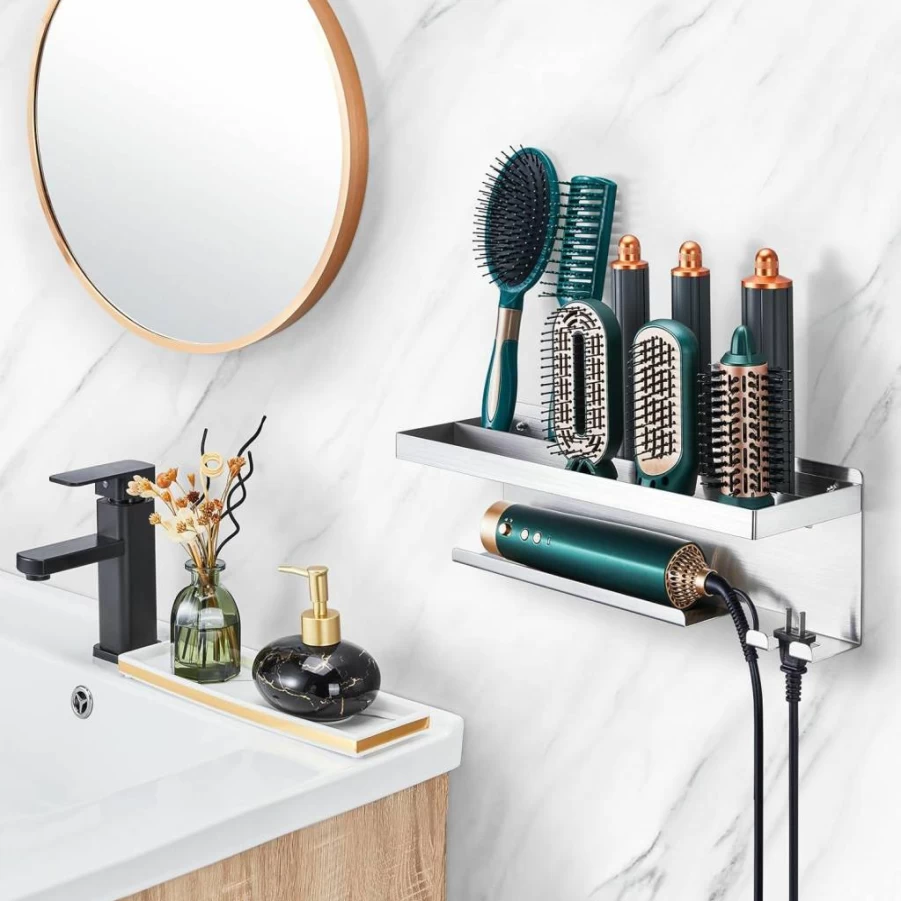 LOXSUN Wall Mount Hair Tool Organizer - Stainless Steel Adhesive Holder for Hair Dryer, Curling Iron, Straightener & Styling Tools, Bathroom Storage Stand