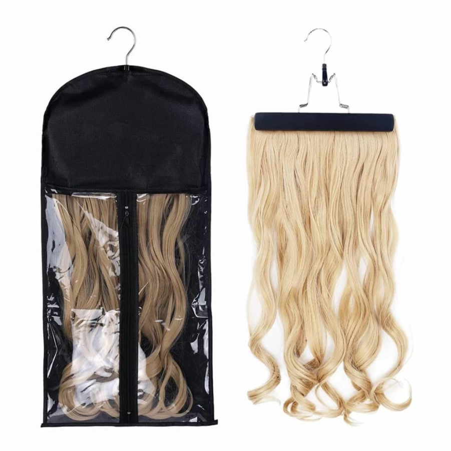 RJMBMUP Hair Extensions Hanger with Storage Bag - Black Wig Holder for Organizing Hairpieces & Wigs - Durable Hair Accessories Carrier Case for Salon & Home Use