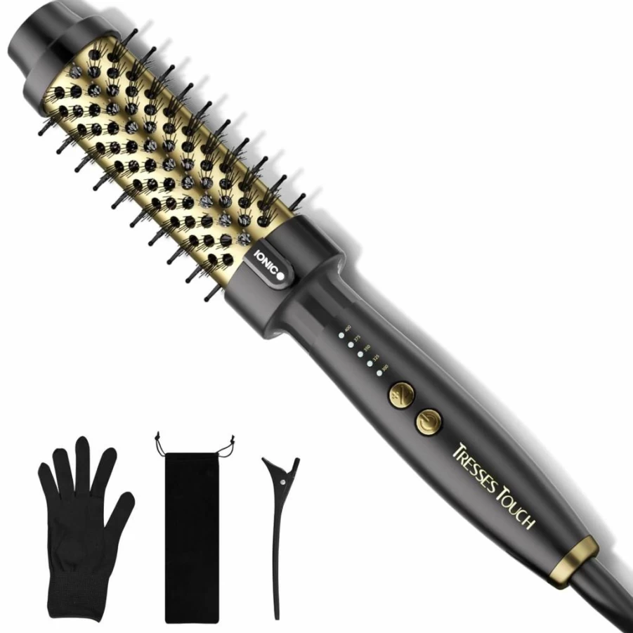 Heated Round Brush for Women - 1.5 Inch Ionic Thermal Styler by Tresses Touch, 5 Temperature Settings, Universal Voltage, Smooth & Curl Hair Easily, Pink Red