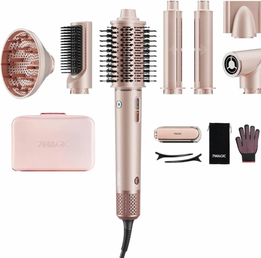 7MAGIC 7-in-1 Hair Dryer Brush with Negative Ion Technology | 110,000 RPM High-Speed Styler for Frizz-Free Blow Drying, Curling, Straightening & Volumizing | Includes Travel Case