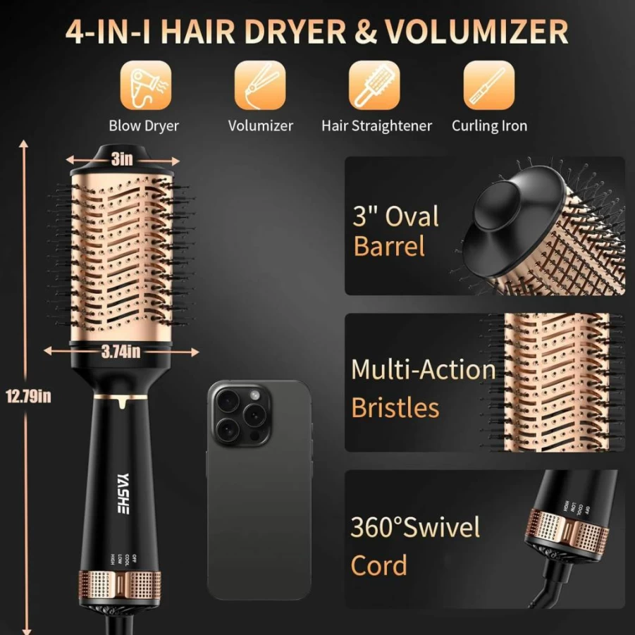 YASHE 4-in-1 Ionic Hair Dryer Brush with Oval Titanium Barrel for Drying, Straightening, Curling & Volumizing - Black