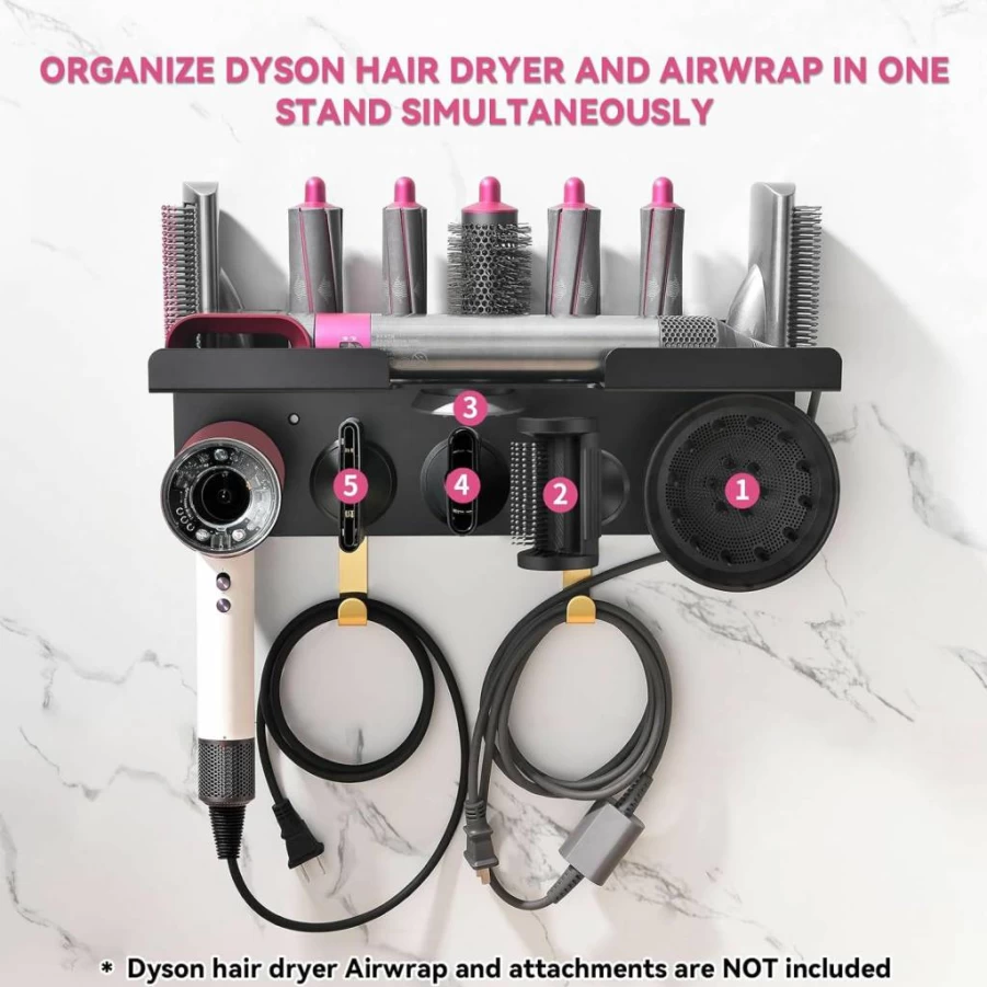 Floatant Magnetic Wall Mount Holder for Dyson Airwrap & Hair Dryer – Organizer for Styler HD16, Nozzles, Barrels, Brushes & Accessories with Hooks