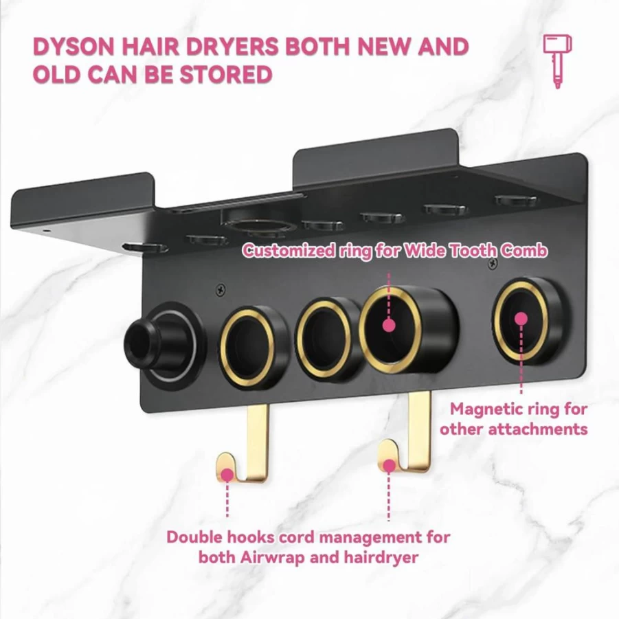 Floatant Magnetic Wall Mount Holder for Dyson Airwrap & Hair Dryer – Organizer for Styler HD16, Nozzles, Barrels, Brushes & Accessories with Hooks
