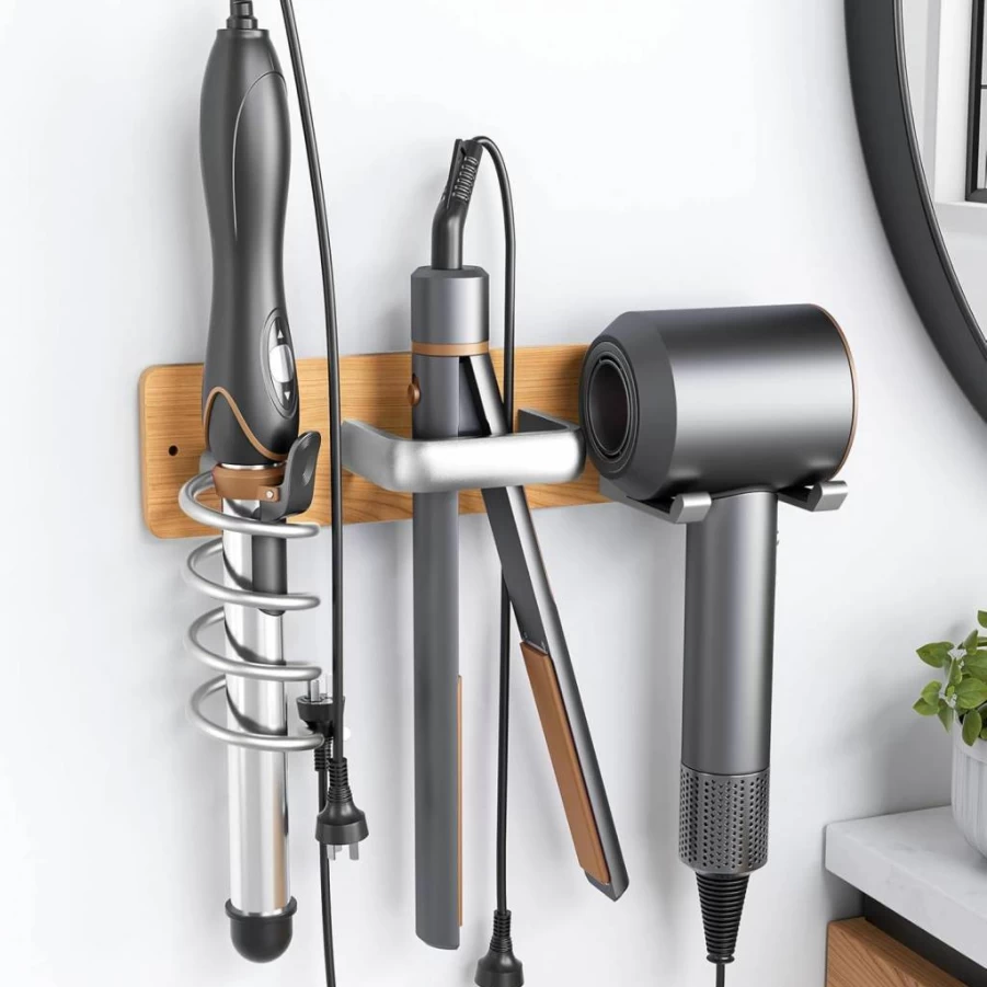 Tindbea 3-in-1 Wall Mount Hair Tool Organizer - Universal Blow Dryer, Curling Iron & Flat Iron Holder - Bathroom Storage Rack in Walnut Matte Black