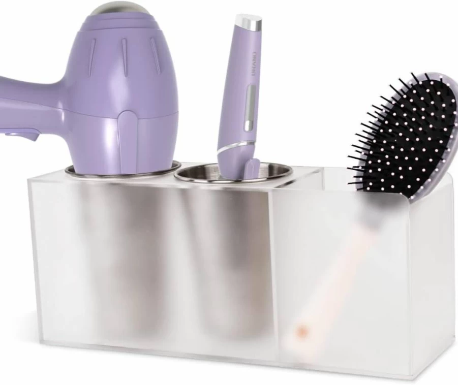 IntreLife Acrylic Hair Tool Organizer Wall Mounted - Hair Dryer Holder, Curling Iron & Flat Iron Storage for Bathroom Vanity, Countertop or Cabinet