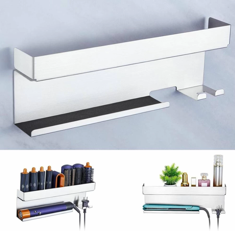 WAYASI Stainless Steel Hair Dryer and Straightener Holder - Wall Mount Adhesive Organizer for Blow Dryer, Curling Iron, Bathroom Storage