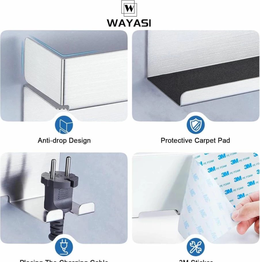 WAYASI Stainless Steel Hair Dryer and Straightener Holder - Wall Mount Adhesive Organizer for Blow Dryer, Curling Iron, Bathroom Storage