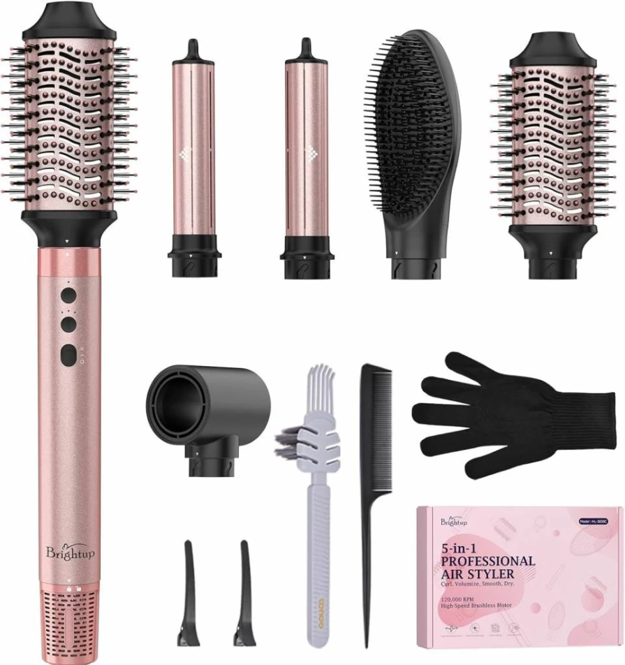 Brightup 5-in-1 Hot Air Hair Styler & Dryer Brush - 1400W High-Speed 120000RPM, Negative Ion Technology, Cool Shot, Heat Protection, Travel Pouch for Curling, Volumizing & Straightening