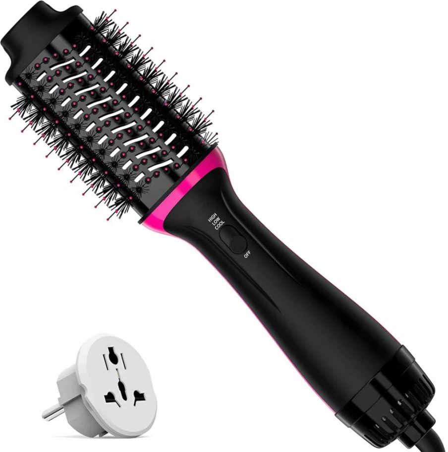 FYAIRO Dual Voltage Travel Hair Dryer Brush - 2-in-1 Styler with Negative Ion Technology for Frizz-Free Hair (110-240V, EU Plug)