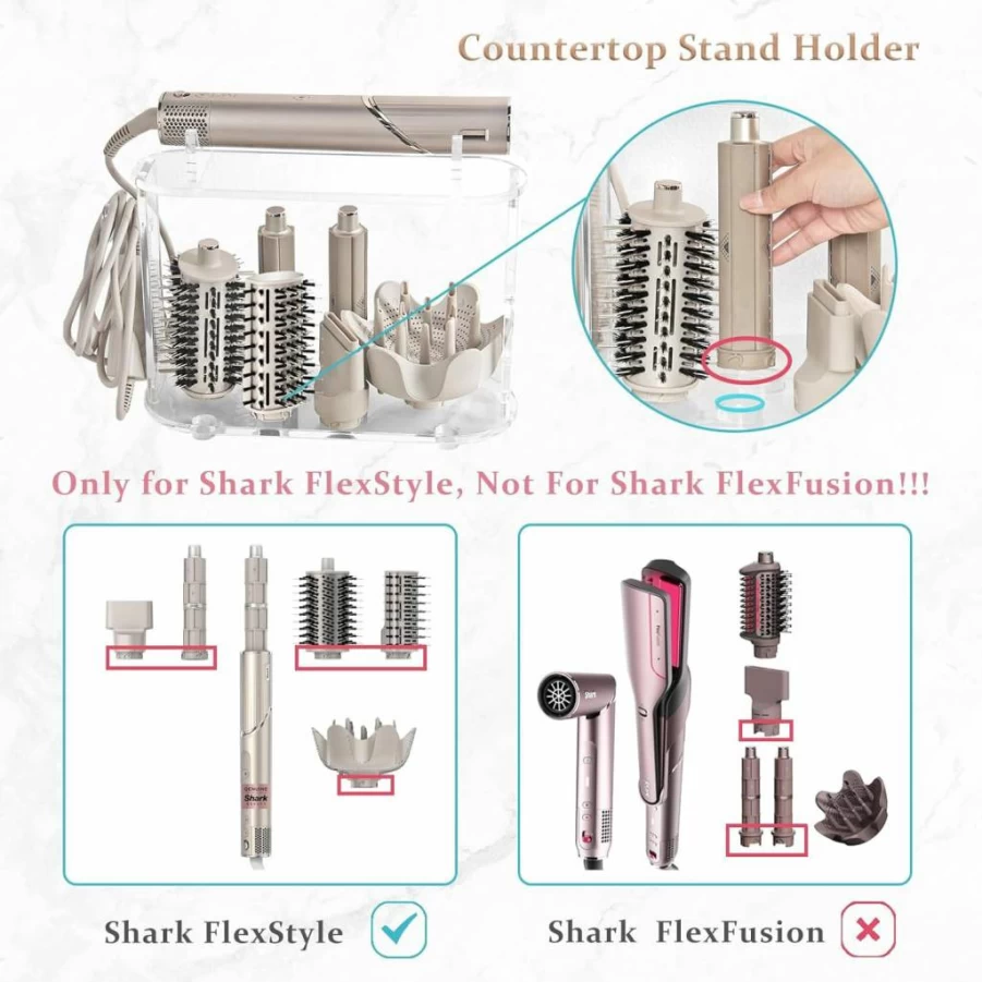 Affogato Acrylic Hair Dryer Holder for Shark FlexStyle HD430C – Desktop Organizer with Cord Hanger, Storage for Attachments, Curlers, Brushes & Diffuser