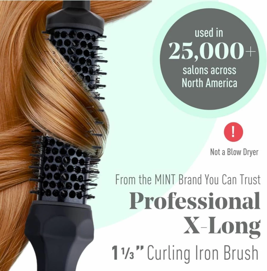 MINT Ceramic Thermal Curling Iron Brush – 1 1/3 Inch Extra-Long Barrel for Effortless Curls, Volume & Waves, 230-430°F Dual Heater, Long-Lasting Styling, Professional Round Hair Styler