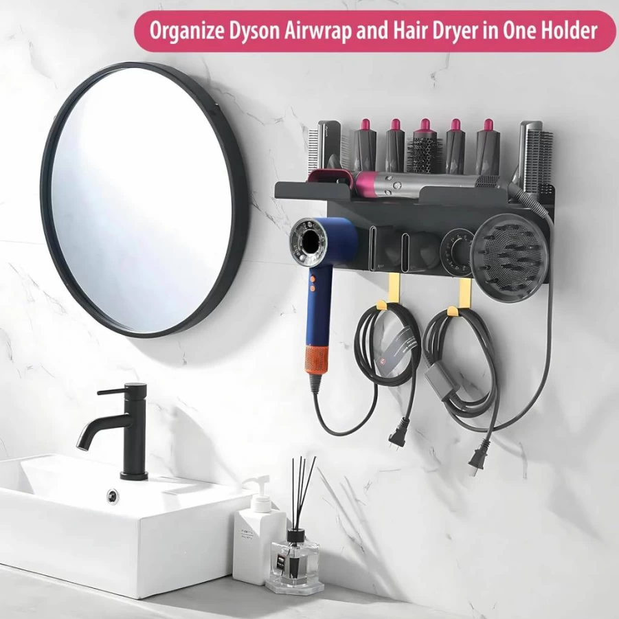 NOVENTIX Wall Mounted 2-in-1 Holder for Dyson Airwrap & Hair Dryer - Compatible with Supersonic, Nural Models - Organizer Stand for Attachments