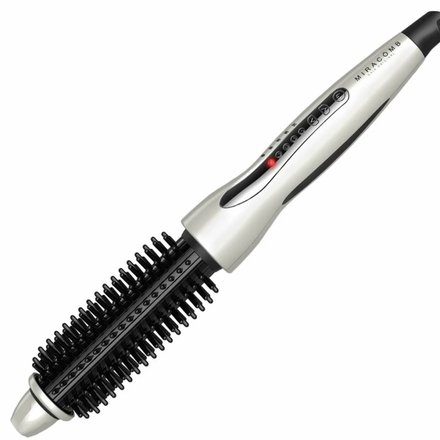 MIRACOMB Hair Straightener Brush - 1 Inch Ceramic Tourmaline Flat Iron with 5 Heat Settings, Cool Touch Round Styler for Curling & Straightening, White (Professional Multi-Styling Brush)