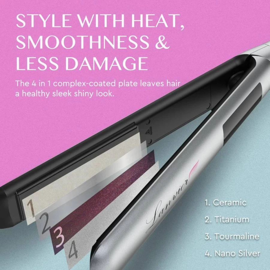 LANVIER 2-in-1 Hair Straightener and Curler with Nano Silver Tourmaline Titanium Ceramic Plates, 15-Second Fast Heating, Adjustable Temperature & Dual Voltage for Global Use