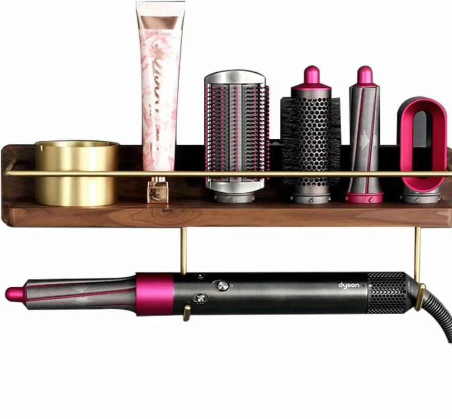 Affogato Wall Mounted Organizer for Dyson Airwrap – Wooden Bathroom Shelf with Hooks for Hair Styling Tools, Creams, and Accessories