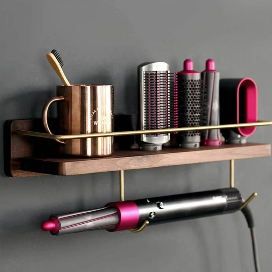 Affogato Wall Mounted Organizer for Dyson Airwrap – Wooden Bathroom Shelf with Hooks for Hair Styling Tools, Creams, and Accessories