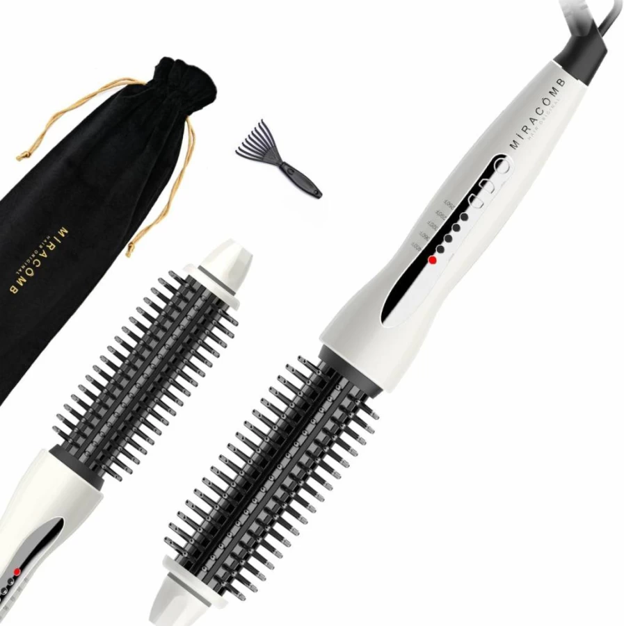 MIRACOMB Ceramic Hair Straightening Brush - 1" Heated Round Brush with 5 Adjustable Heat Settings, Anti-Frizz Technology, Cool Touch Handle & Auto Shutoff for Smoothing, Styling & Curling (White)