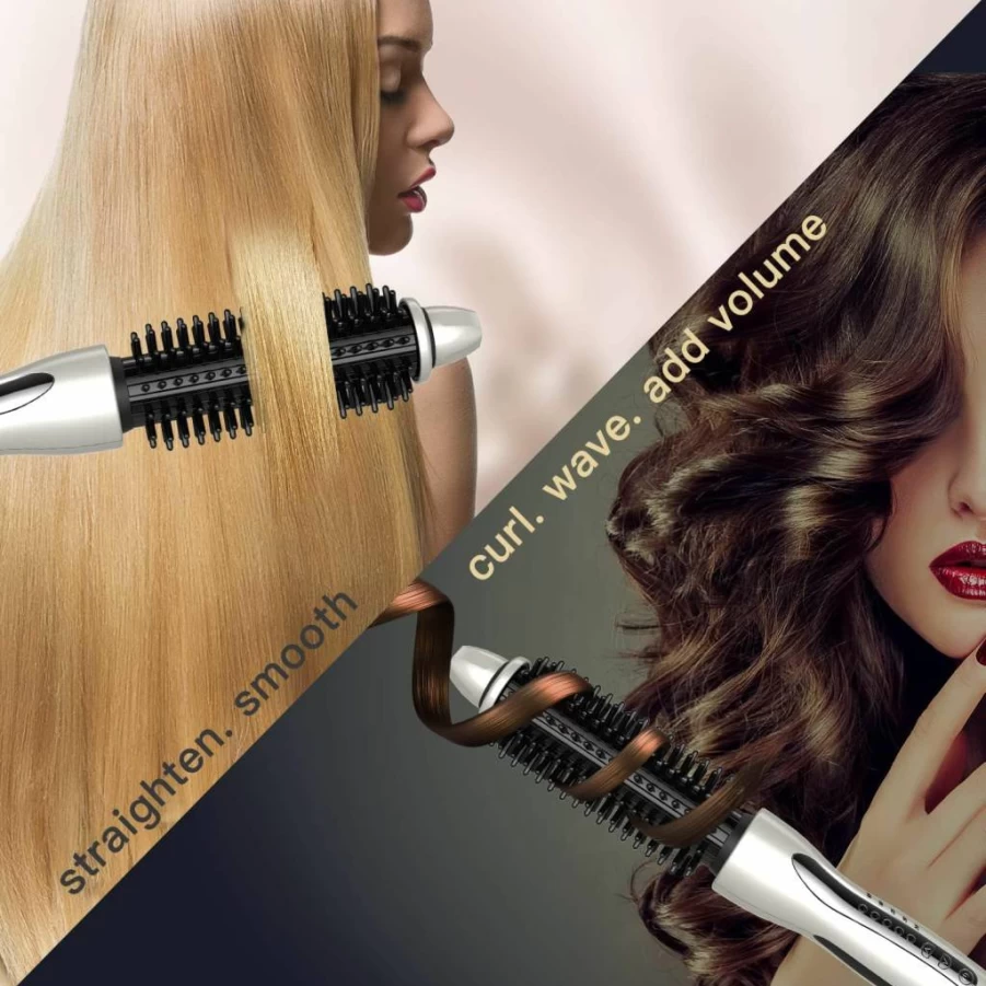 MIRACOMB Ceramic Hair Straightening Brush - 1" Heated Round Brush with 5 Adjustable Heat Settings, Anti-Frizz Technology, Cool Touch Handle & Auto Shutoff for Smoothing, Styling & Curling (White)