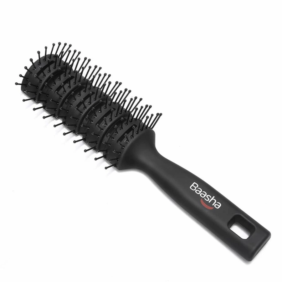 Baasha Hair Brush for Men - Vented Blow Dry Brush with Ball-Tipped Bristles for Wet & Dry Hair - Black Short Hair Styling Tool
