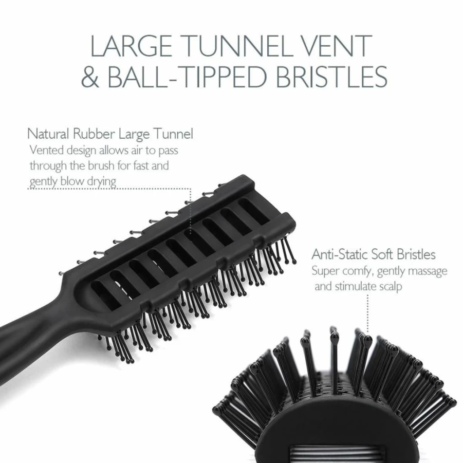 Baasha Hair Brush for Men - Vented Blow Dry Brush with Ball-Tipped Bristles for Wet & Dry Hair - Black Short Hair Styling Tool