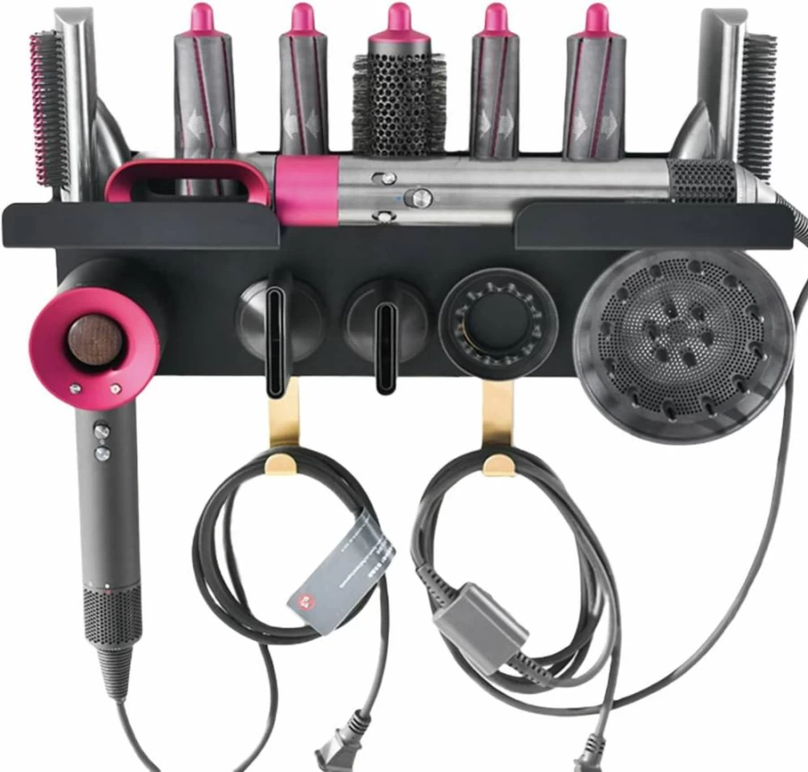 Luvitory Wall Mount Holder for Dyson Airwrap – No Drill Installation, 2-in-1 Storage Shelf for Dyson Styler & Hair Dryer Attachments, Bathroom & Bedroom Organizer