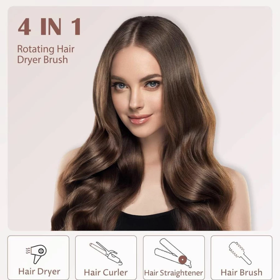 WEEYUM 3-in-1 Rotating Hot Air Brush - Hair Dryer & Volumizer with 1.5" & 2" Interchangeable Brushes for Drying, Straightening, Curling at Home