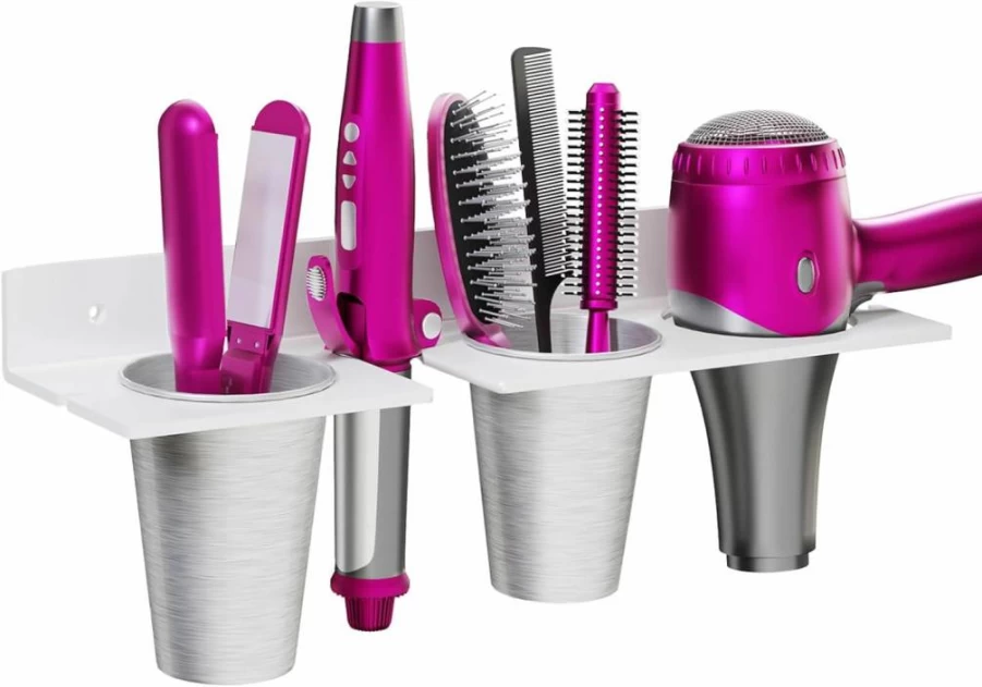 ZASIMO Wall Mounted Hair Tool Organizer with 3 Stainless Steel Cups, 4mm Thick Acrylic Holder for Hair Dryer, Curling Iron & Straightener - Bathroom Storage Solution