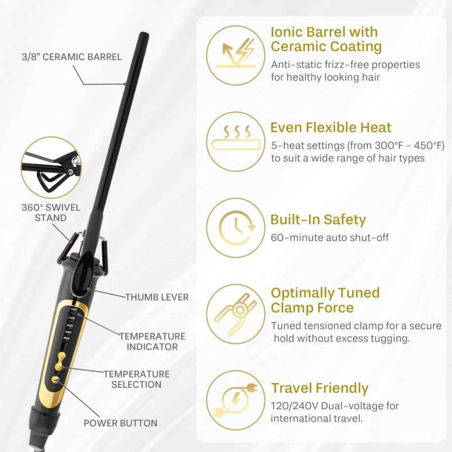 Asani 1 Inch Ceramic Curling Wand - 450F Hair Curler for Tight Spiral Curls & Ringlets, Short & Long Hair Styling Iron