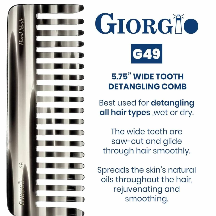 Giorgio G49 Wide Tooth Detangling Comb for Thick Curly Hair – Handmade Cellulose Detangler for Wet & Dry Hair – Tortoise Shell Design – Saw-Cut & Polished