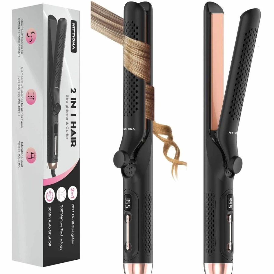 HITTIONA 360 Airflow Styler - 1.25 Inch Curling Iron & Hair Straightener 2-in-1, Vented Cool Air Technology, 5 Temperature Settings, Dual Voltage Travel Flat Iron, Extra Long Curling Wand for Long Hair