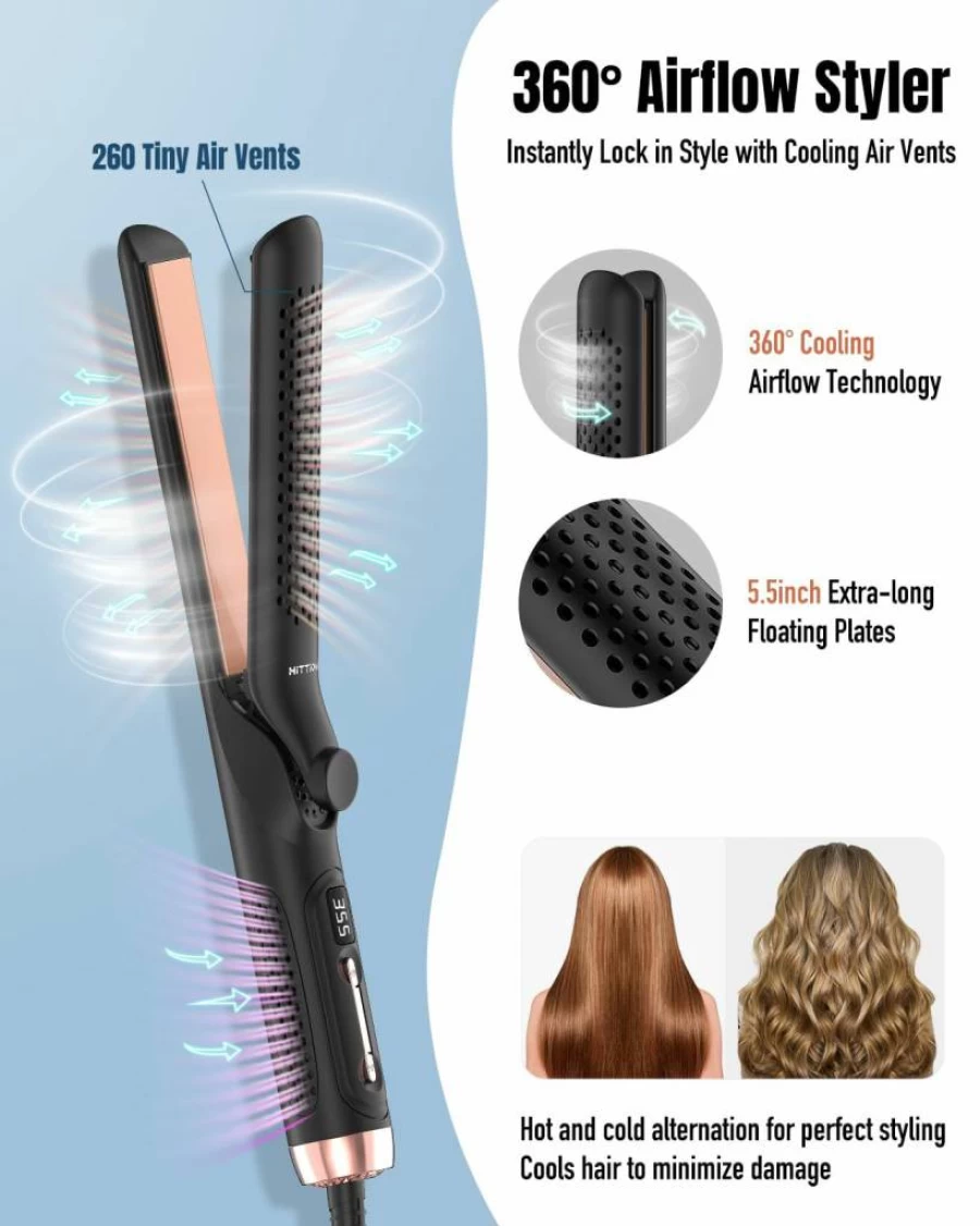 HITTIONA 360 Airflow Styler - 1.25 Inch Curling Iron & Hair Straightener 2-in-1, Vented Cool Air Technology, 5 Temperature Settings, Dual Voltage Travel Flat Iron, Extra Long Curling Wand for Long Hair