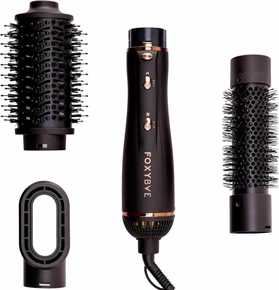 FoxyBae 4-in-1 Blow Dryer Brush Set with Diffuser, Curling Barrel & Straightener - Rose Gold Styler for Frizz-Free, Voluminous Hair
