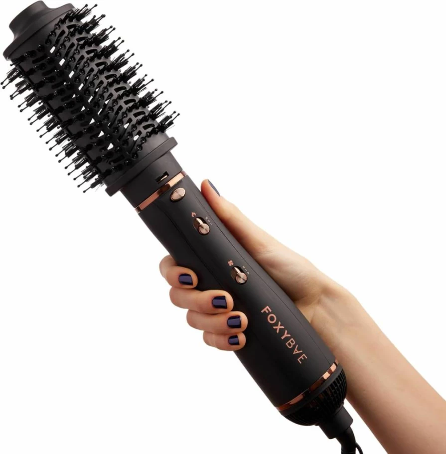 FoxyBae 4-in-1 Blow Dryer Brush Set with Diffuser, Curling Barrel & Straightener - Rose Gold Styler for Frizz-Free, Voluminous Hair