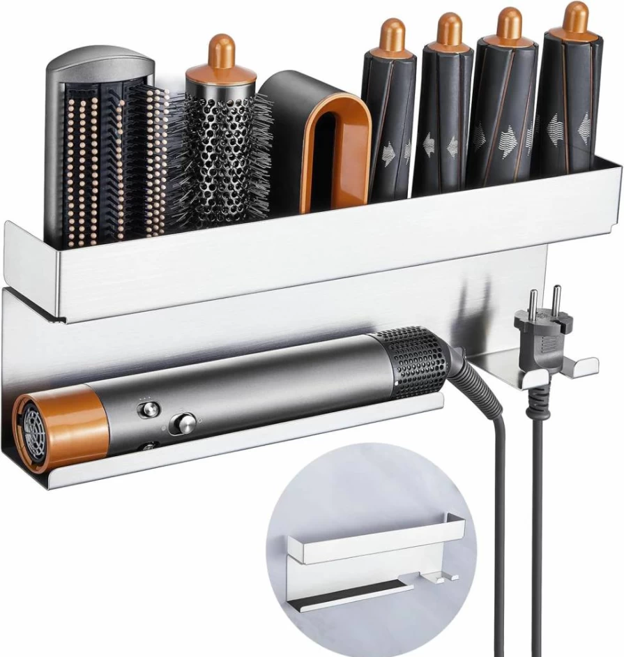 Oukimly Stainless Steel Wall Mount Hair Tool Organizer - Holder for Hair Dryer, Curling Iron, Straightener & Styler Attachments, Bathroom Storage Solution