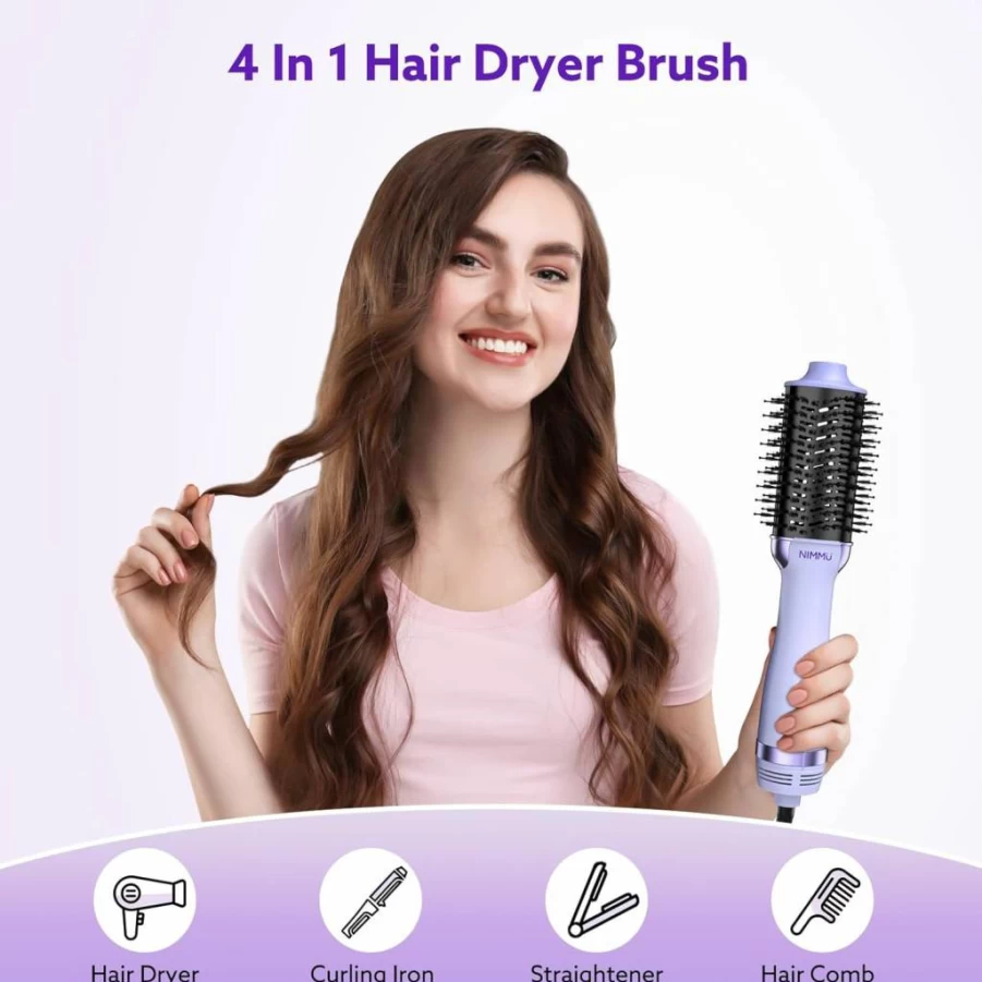 Nimmu 4-in-1 Hot Air Hair Dryer Brush with 2.4" Oval Barrel for Drying, Straightening, Curling & Volumizing - Black Gold Styler & Blow Dryer