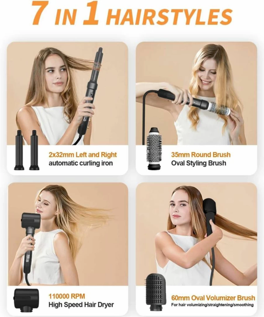 Beikenny 7-in-1 Diffuser Hair Dryer Brush - 1400W Blow Dryer & Styler for Curling, Straightening, Volumizing & Fast Drying