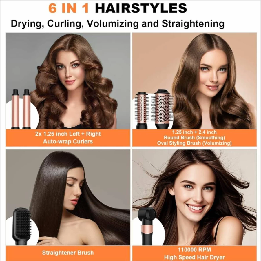 Ymguspri 6-in-1 Air Wrap Hair Styler & Blow Dryer Brush Set - 110,000 RPM Fast Drying, Heat Protectant for Curling, Straightening & Volumizing - Rose Gold Professional Styling Tool