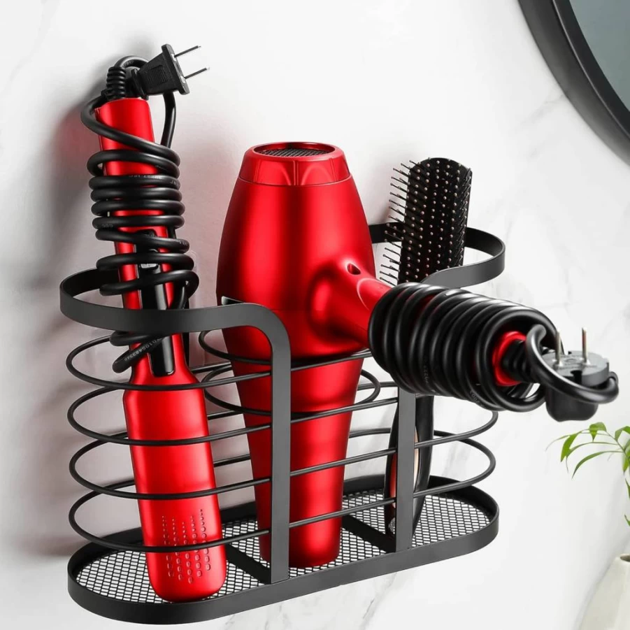 YIGII Wall Mount Hair Dryer Holder with Adhesive - Bathroom Organizer for Blow Dryer and Electric Shaver, Black