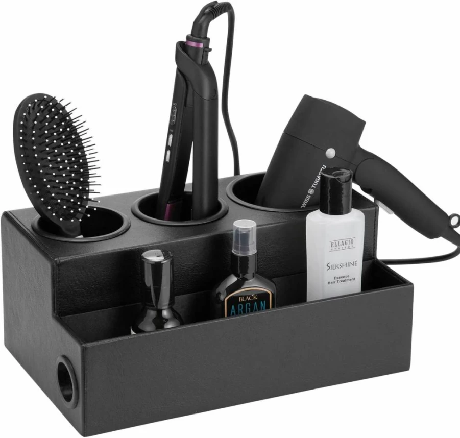 J JACKCUBE DESIGN Hair Dryer Holder - Bathroom Countertop Organizer for Blow Dryer, Styling Tools, Makeup & Toiletries, Black Vanity Storage Stand MK154C