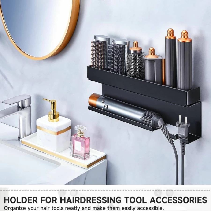 Oukimly Wall Mount Hair Tool Organizer - Storage Holder for Hair Dryer, Curling Iron, Straightener & Styler Accessories, Bathroom Space Saver, Black