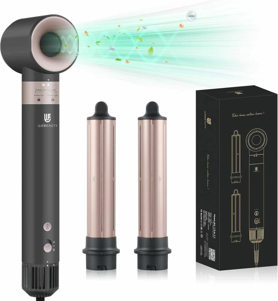Webeauty Auto Wrap Curling Wand & Hair Dryer Set: 1.25 Inch Ceramic Ionic Curling Iron with Long Barrel for Fast Styling, Waves & Hot Air Drying
