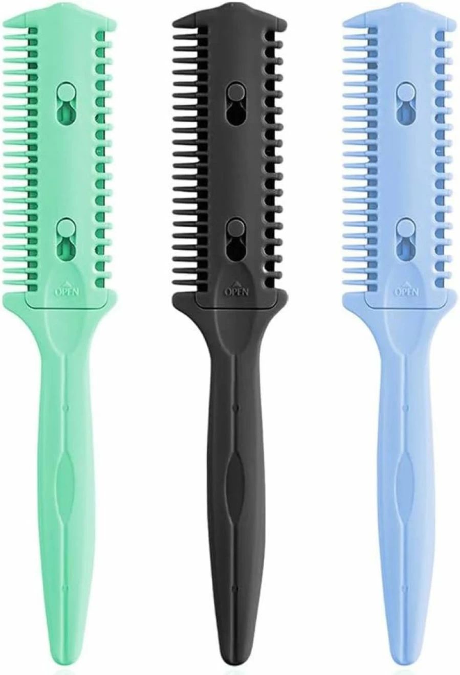 Soft 'N Style 3-Pack Double-Sided Hair Trimmer Combs for Split Ends & Styling - Thin & Thick Hair (Green, Black, Blue)