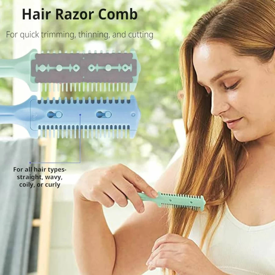 Soft 'N Style 3-Pack Double-Sided Hair Trimmer Combs for Split Ends & Styling - Thin & Thick Hair (Green, Black, Blue)