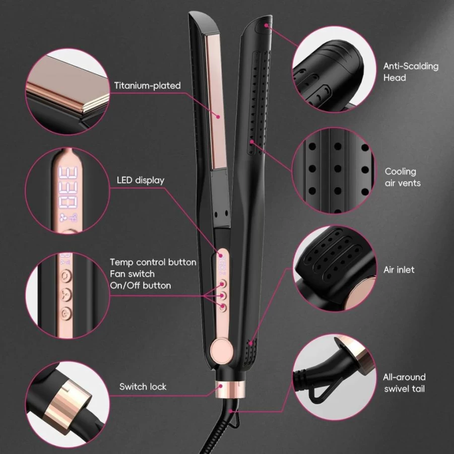 SKIMI Titanium Flat Iron & Curling Iron with Airflow Cooling, Dual Voltage, 5 Temperature Settings, Auto Shutoff - Black & Blush Gold Hair Styler for Professional Results