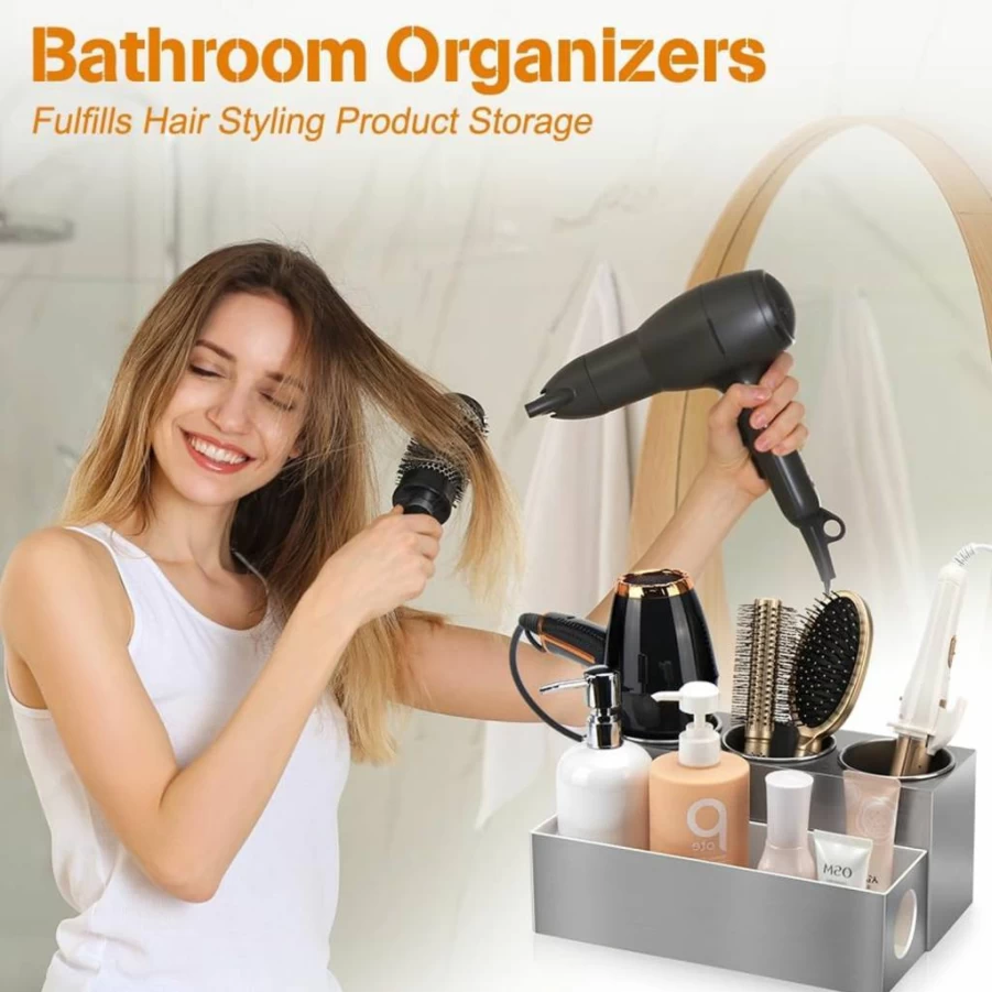GFWARE White Hair Tool Organizer for Blow Dryer, Curling Iron & Flat Iron - Bathroom Vanity Storage with Heat Resistant Compartments, Stylish Hair Styling Accessories Holder